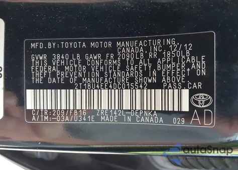 2013 Toyota Corolla Le из США, поврежденный, VIN 2T1BU4EE4DC015542